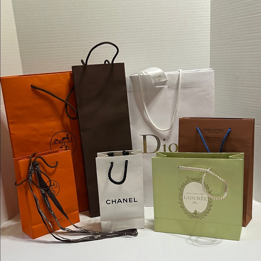LOT OF 7 DESIGNER SHOPPING BAGS - HERMES, LOUIS VUITTON, CHANEL, DIOR , LADUREE